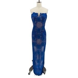 01491 Gianni Bini Lace Strapless Maxi Column Dress Blue Size 7 wedding evening